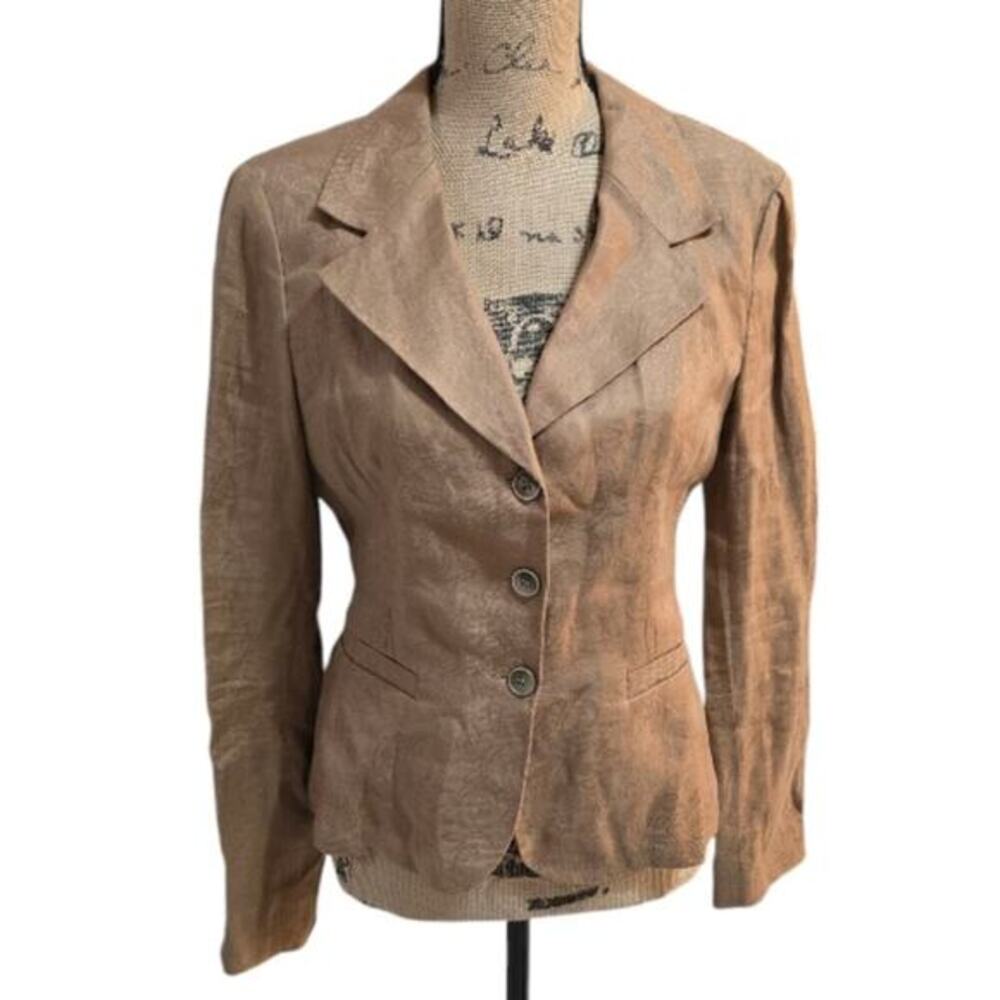 Anne Klein 100% Linen Tan Jacquard Peplum Smocked Back Blazer Size Small